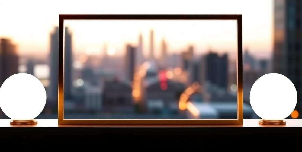 A minimalistic Instagram frame design with gold accents on a white background, showcasing luxury brand aesthetics, set against a blurred urban background.