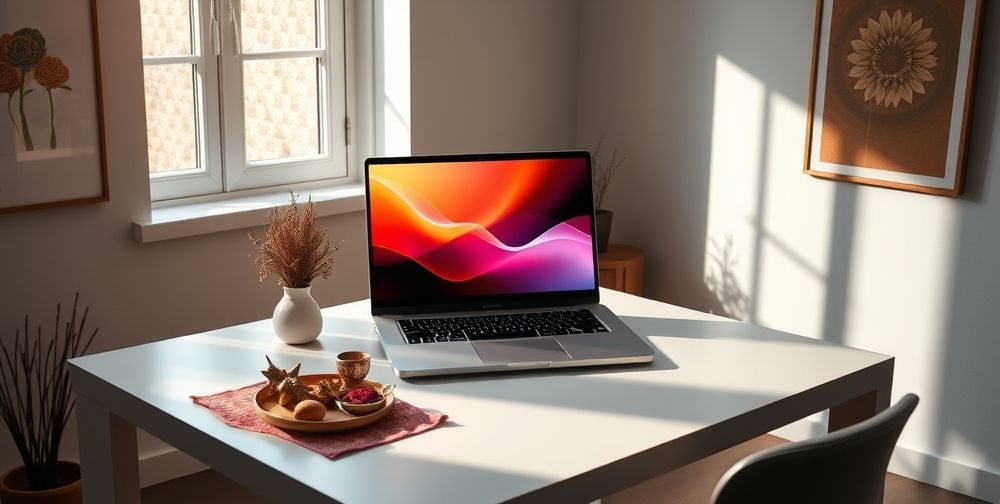 A professional design workspace showing an open laptop with vibrant Norooz slider designs on the screen, surrounded by colorful Haft-Sin elements on a desk.