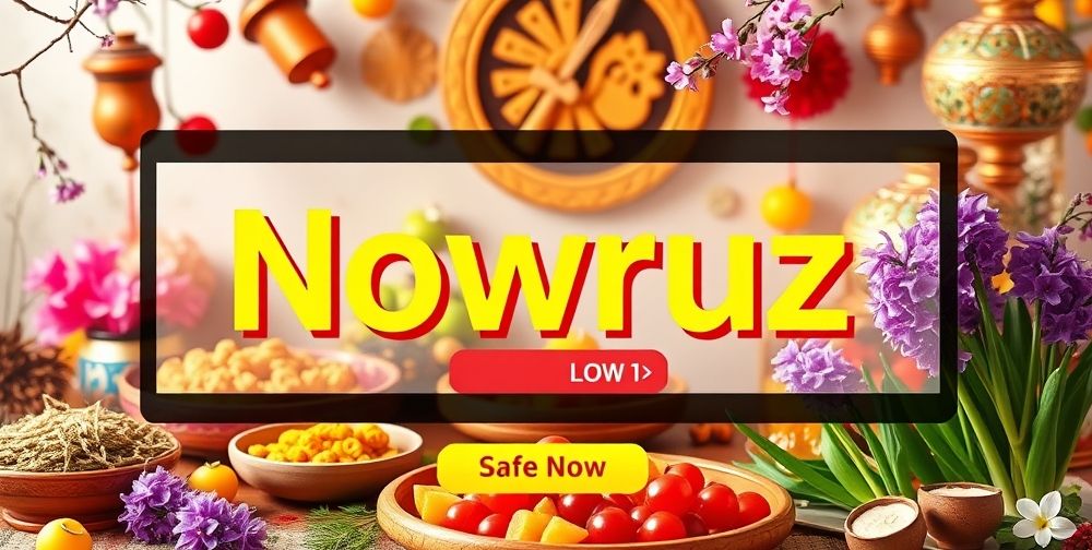 A modern Nowruz slider on a website interface showcasing vibrant seasonal discounts and engaging call-to-action buttons, set against a festive background of colorful Haft-Seen elements.