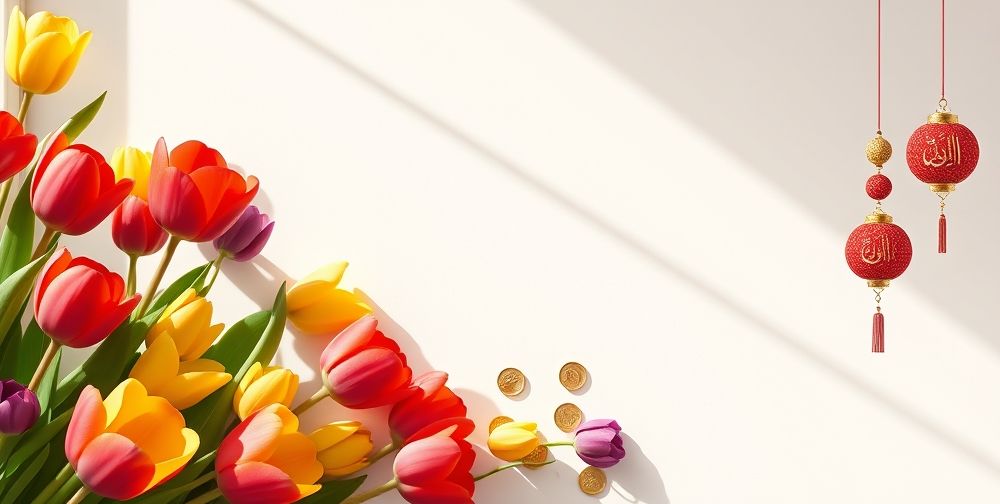 A creative digital Nowruz slider concept featuring bright seasonal elements like colorful tulips, gold coins, and festive Persian calligraphy in a sleek modern design.
