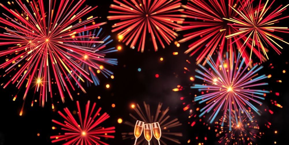 A close-up of a beautifully designed New Year slider showcasing colorful fireworks and festive graphics, evoking a celebratory mood.
