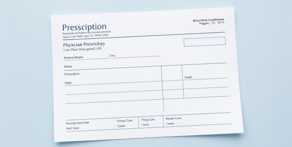 A prescription pad designed according to medical standards, showing clearly printed doctor details, and compliance notes, with a calm white-and-blue color scheme.