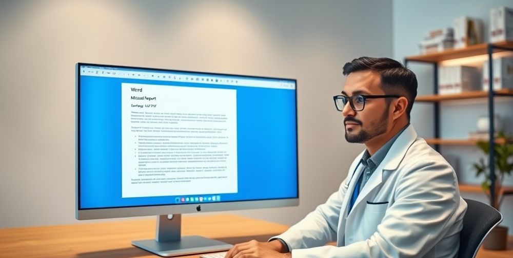 یک صفحه رایانه‌ای شامل نرم‌افزار ورد با نمایش ذخیره نسخه پزشکی به فرمت PDF، همراه با یک پزشک پشت میز