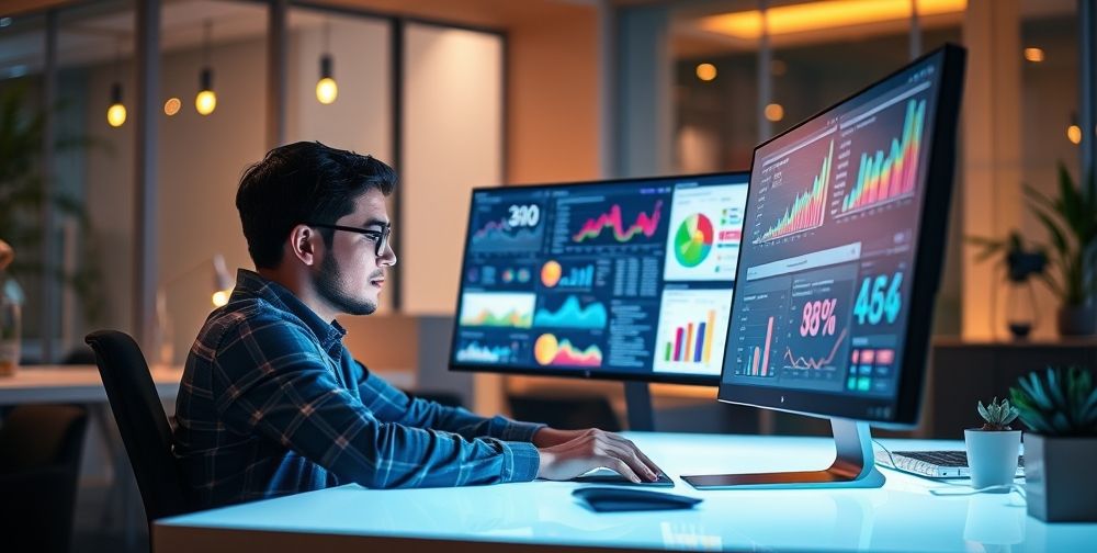 A digital marketing expert analyzing data on a computer screen, focusing on strategies for effectively distributing medical content across various online platforms.