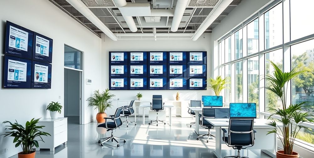 A modern healthcare office with digital screens displaying patient templates and forms, creating a professional atmosphere with a bright color scheme.