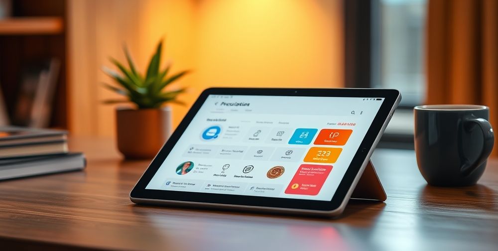 A modern digital prescription interface displayed on a tablet, showcasing user-friendly features, clear fonts, and colorful icons for easy navigation.