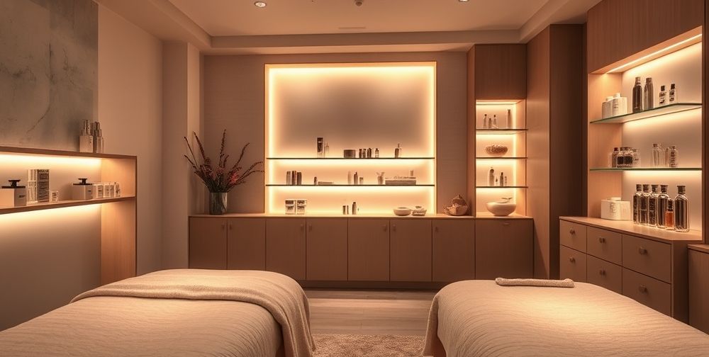 An elegant skin care studio interior setting with relaxing ambiance, featuring illuminated treatment areas and skincare products on display.