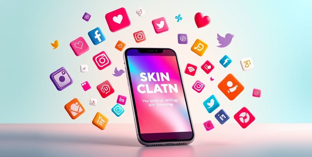 A digital marketing campaign showing a skin cleaning flyer on a smartphone screen, surrounded by social media icons and engagement metrics.