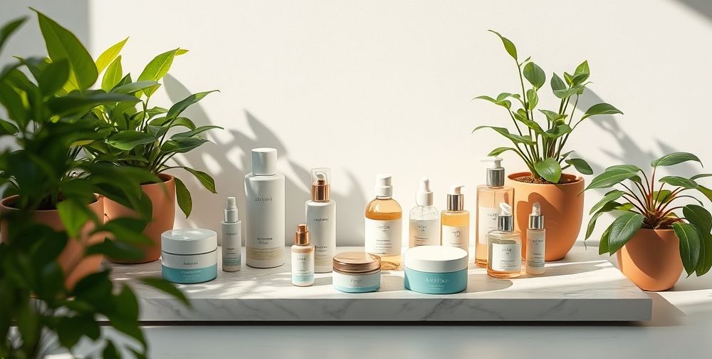 An aesthetically pleasing skin care concept showing a variety of products in a clean, serene environment, filled with green plants and soft lighting, promoting wellness.