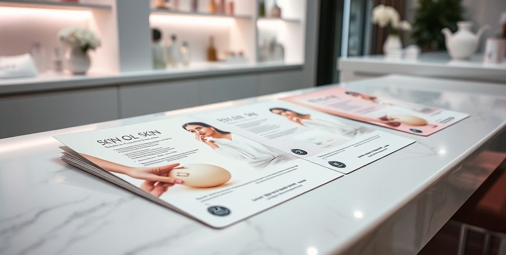 A close-up shot of beautifully designed skin cleansing flyers laid out on a sleek counter in a beauty salon, with subtle lighting highlighting the elegant graphics and informative text about skin treatments.
