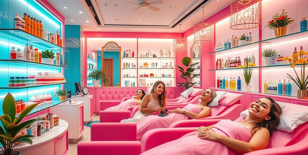 A vibrant and colorful beauty salon interior filled with various skincare products, luxurious facial treatment rooms, and happy clients receiving skin cleansing services.