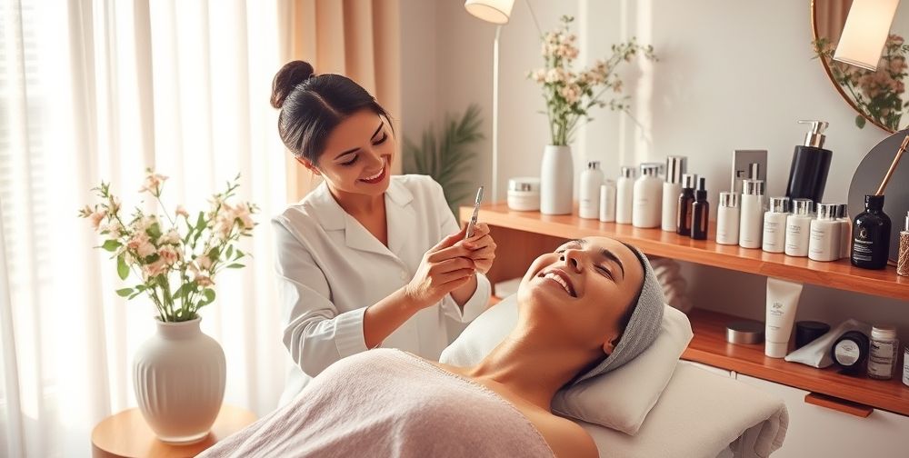 A friendly salon environment where a skincare professional performs a facial treatment on a client, with tools and products neatly arranged in the background, conveying a sense of professionalism and care.