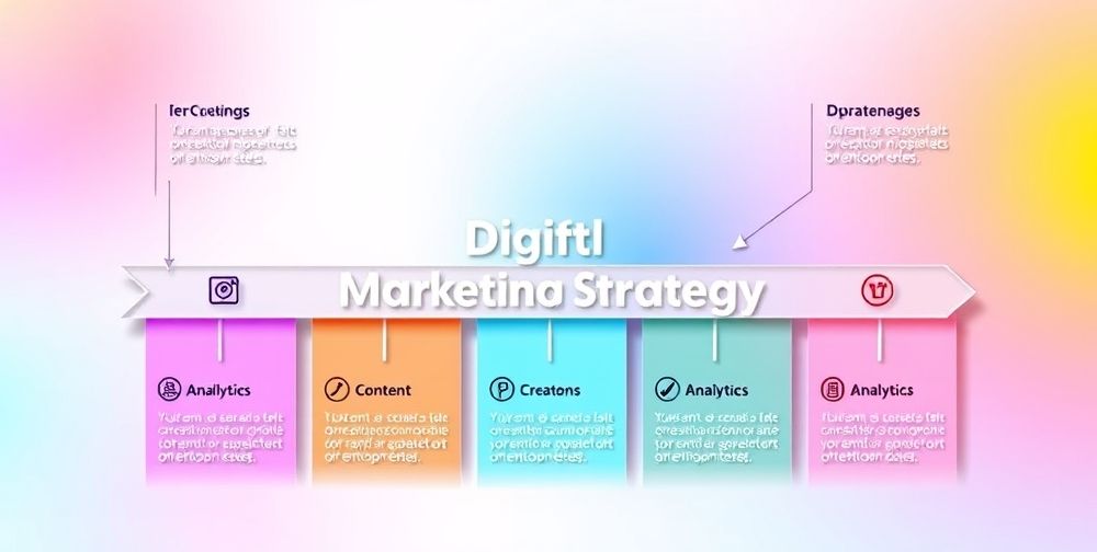 An engaging infographic layout displaying steps of creating a digital marketing strategy, with bright colors, arrows, and icons in a clean design.
