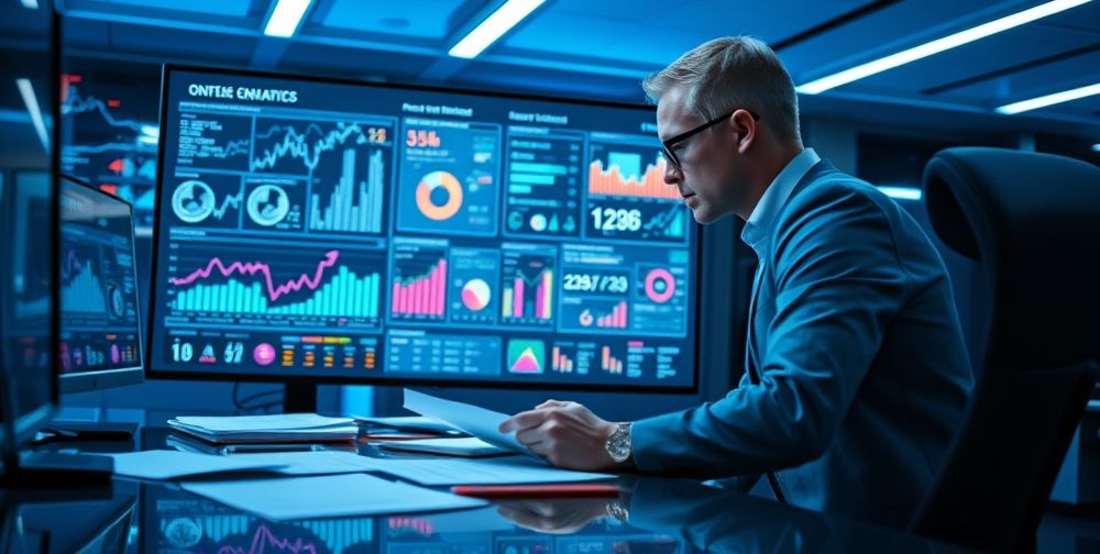 A professional analyst reviewing website traffic data on a large screen, displaying graphs and statistics, with a focus on infographics performance metrics.