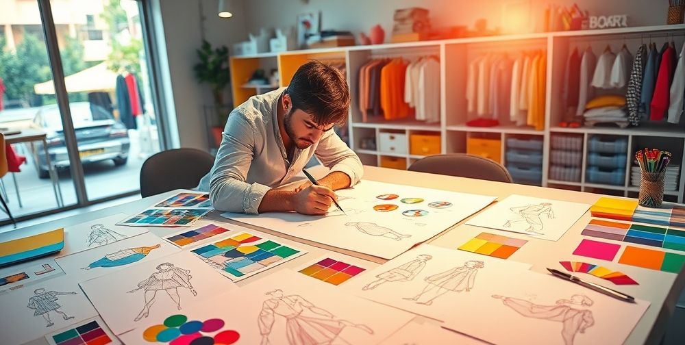 An illustrative design process for creating an attractive clothing store brochure, with sketches, vibrant color palettes, and a designer actively working on a clear layout.