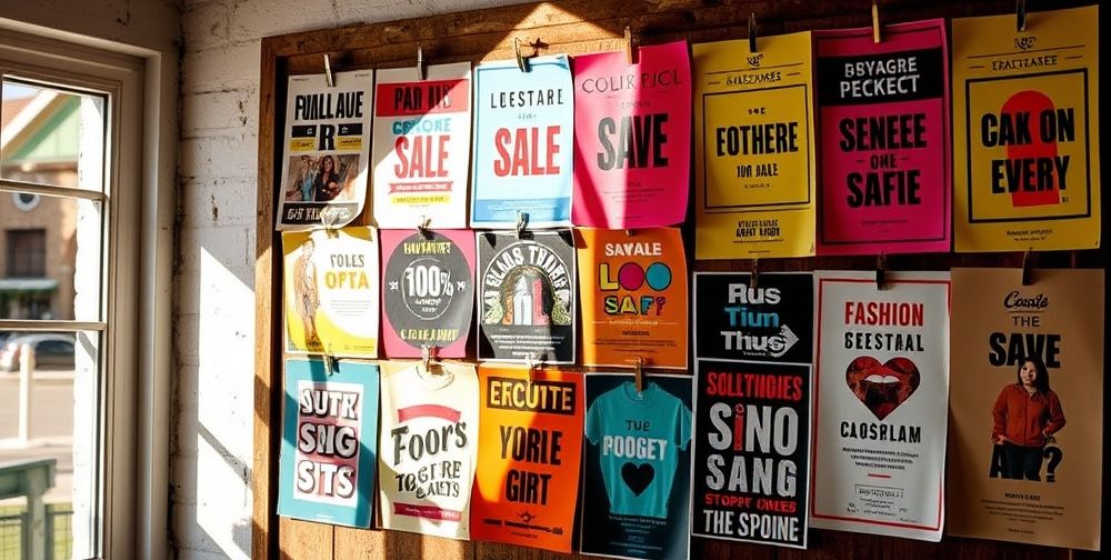 A collection of diverse clothing flyers displayed on a bulletin board, showcasing various color schemes and designs, each with catchy slogans visually appealing to potential customers.
