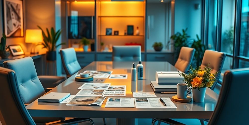 An elegant office workspace showcasing a layout for a skin cleansing flyer design with vibrant colors, photos, and notes on effective marketing strategies.