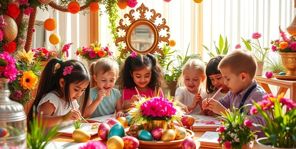 A diverse group of children engaged in art activities related to Haft Sin, surrounded by colorful decorations and traditional items, fostering creativity and cultural understanding.