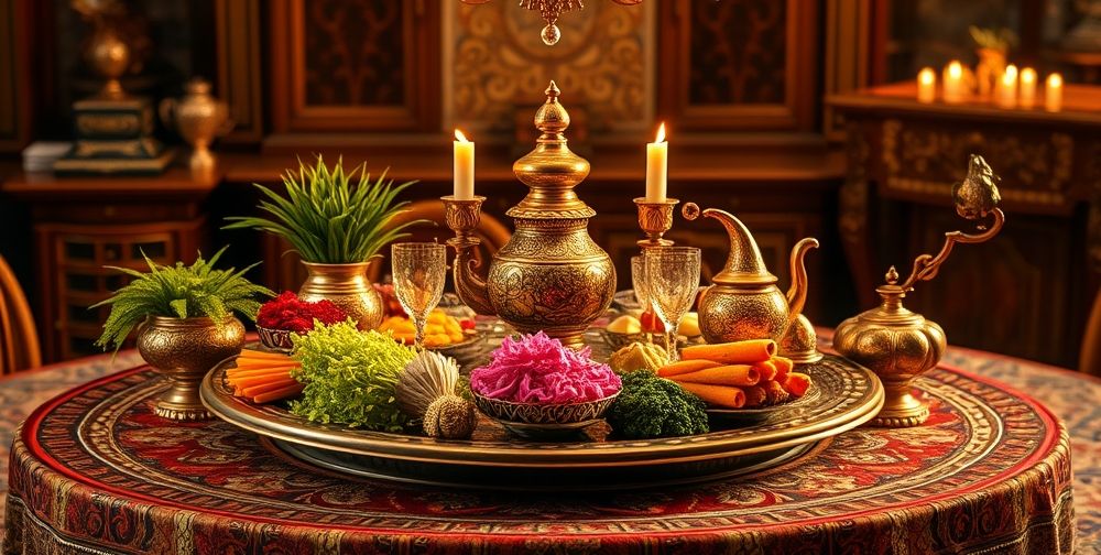 A colorful array of Haft Seen items beautifully arranged on a traditional Persian table, featuring vibrant colors, intricate patterns, and a warm ambiance, highlighting cultural significance.
