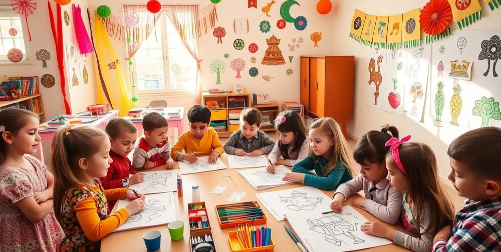 A classroom scene where children are actively engaged with a Haft-Seen worksheet, coloring and drawing, surrounded by vibrant decorations that celebrate the Persian New Year.