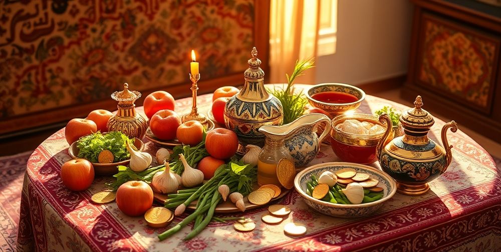 A colorful Haft Sin table setup with various symbolic items like apples, garlic, and coins elegantly arranged, reflecting Persian culture and tradition during the Nowruz celebration.