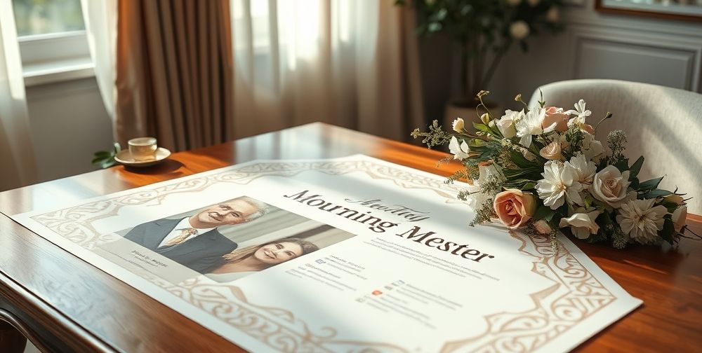 A beautifully printed mourning ad laid out on a table, showing elegant design, images, and text in a serene environment with soft lighting. The ad exhibits a respectful tribute.