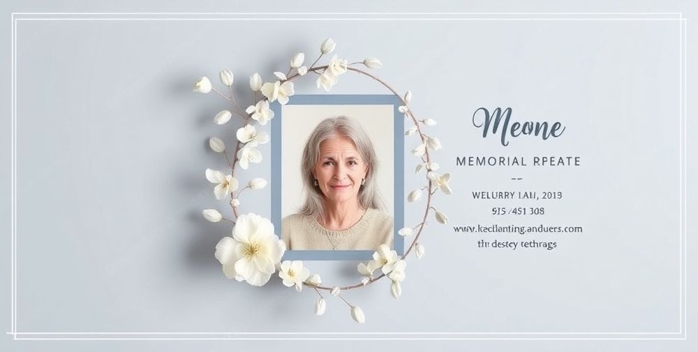 An elegant mourning announcement design featuring soft blue and gray colors, with a floral border, including a photo of a loved one, serene atmosphere, and respectful typography.