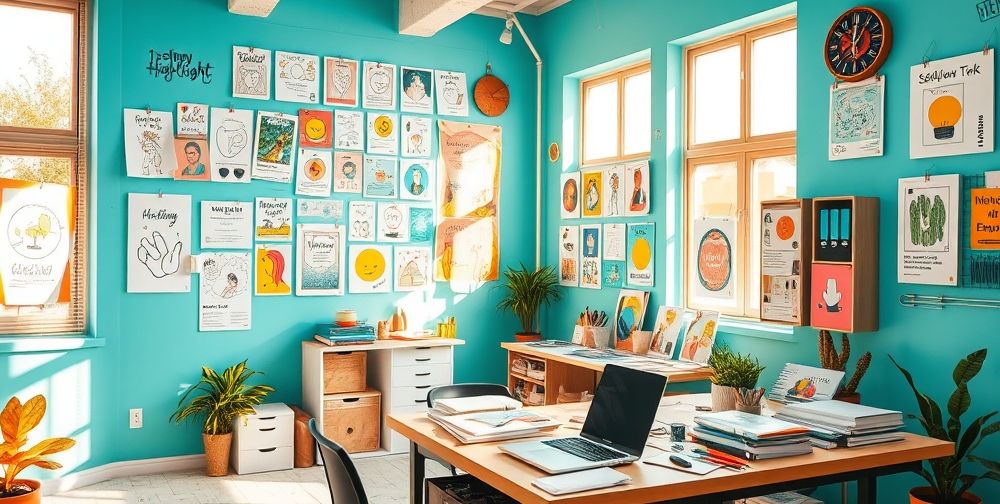A creative workspace with sketches and digital mockups for Instagram highlight covers, showcasing various designs with playful and professional elements, colorful and lively atmosphere.