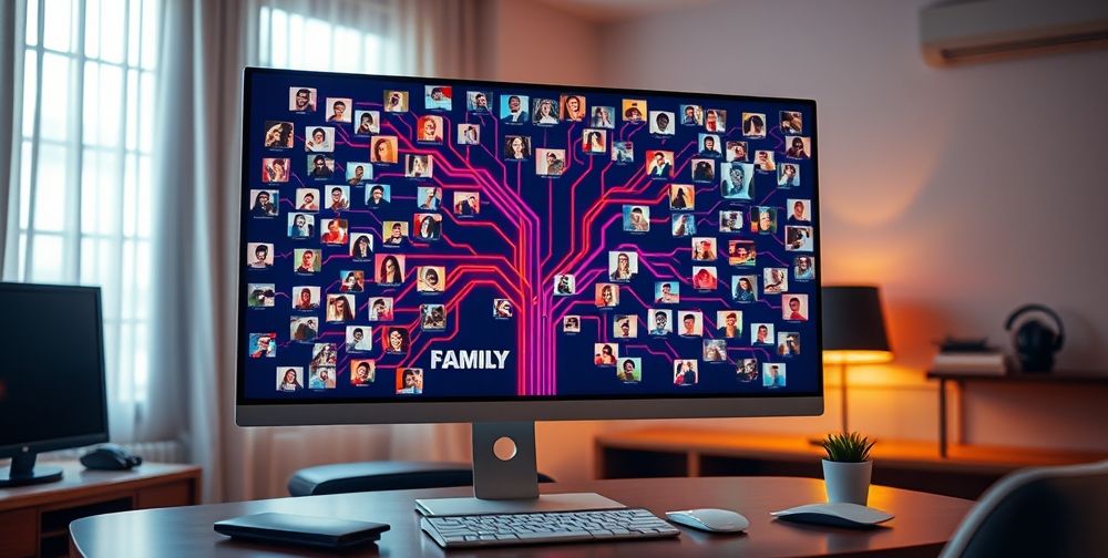 A vibrant digital family tree displayed on a screen, showing colorful connections and photos of relatives, in a modern home office setting, illuminating the importance of technology in family history tracking.