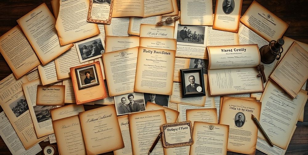 A detailed historical documents laid out on a wooden table, with family photos, certificates, and antique artifacts showing family lineage.