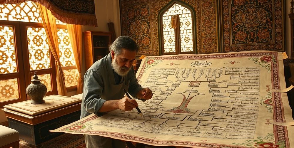 A traditional Persian artist meticulously crafting a family tree on large parchment with intricate calligraphy and decorative elements, showcasing a sense of history and culture.