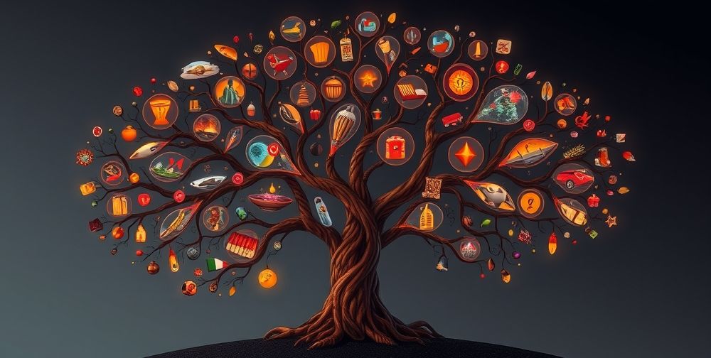 A visually engaging digital family tree displaying various cultural products and their origins, incorporating vibrant colors and elegant design to attract the viewer.