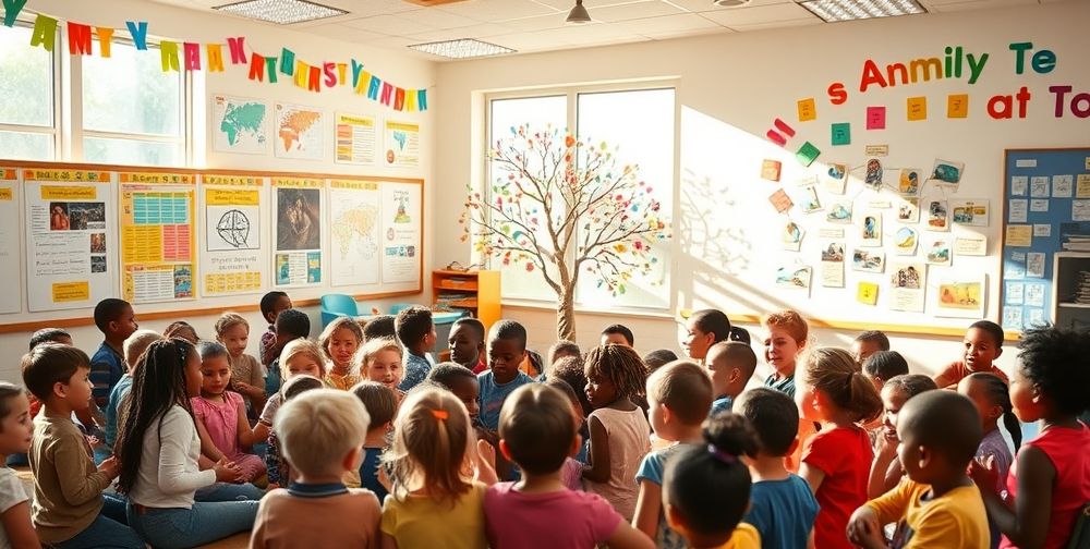 An engaging classroom setting with young students discussing their family trees; bright colors and interactive displays showcasing ancestry.