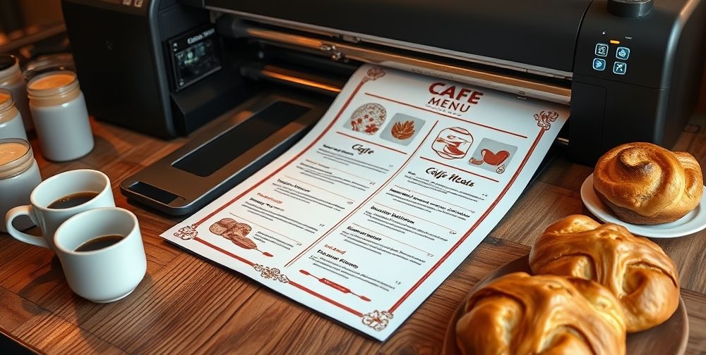 An elegant cafe menu being printed, featuring vibrant colors and high-quality graphics, laying flat on a wooden table surrounded by coffee cups and pastries.