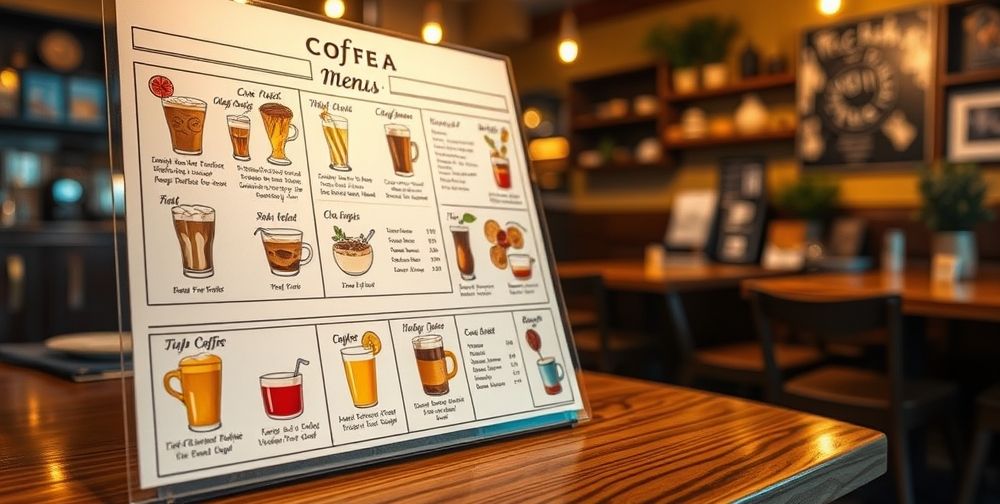 A close-up of an elegantly designed coffee menu with price tags and colorful drink illustrations displayed in a cozy cafe setting, enhancing the inviting atmosphere.