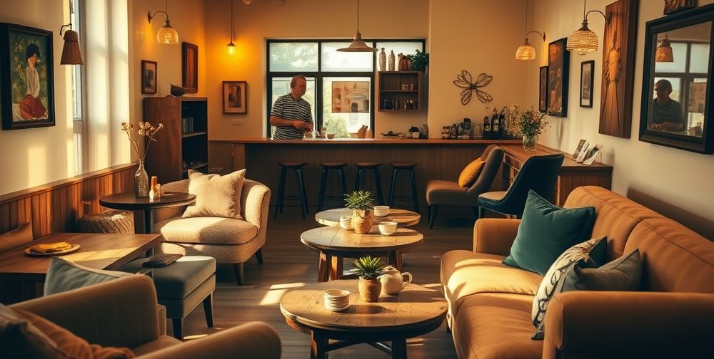 A cozy coffee shop interior featuring warm lighting, comfortable seating, and artistic decor, inviting customers to relax and enjoy their drinks.