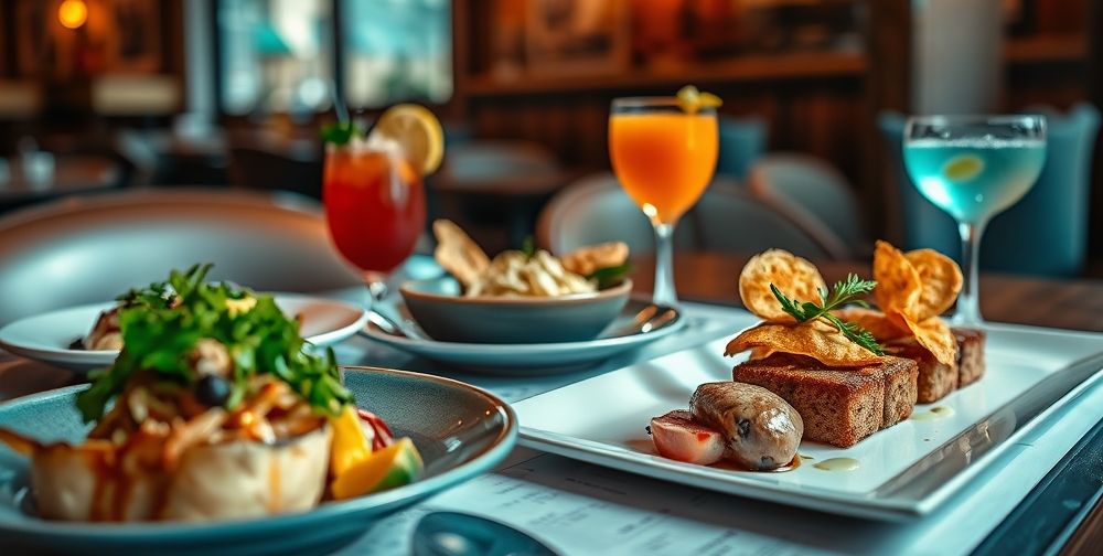 A close-up of beautifully plated dishes and beverages on a cafe menu, highlighting visually appealing food photography in a cozy cafe setting.