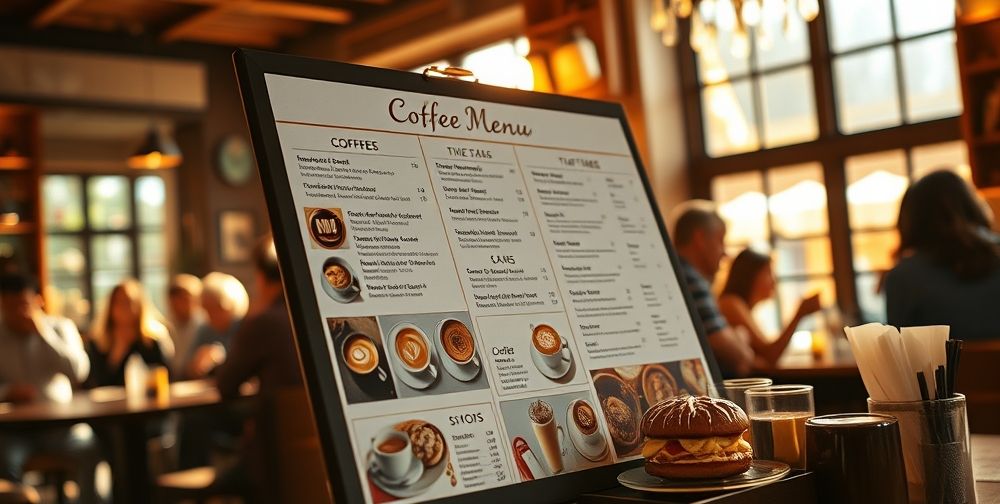 A close-up view of a beautifully displayed coffee menu inside a bustling cafe, with bright images of coffee and pastries, surrounded by a vibrant coffee shop atmosphere.