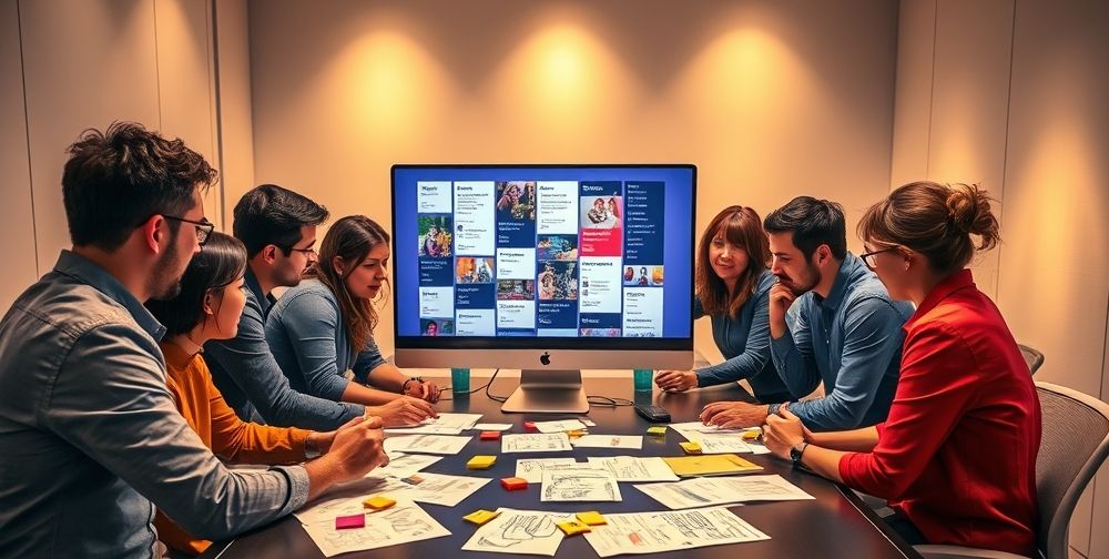 A professional team collaborating to design a social media menu layout on a computer, with emphasis on user experience and visual elements.