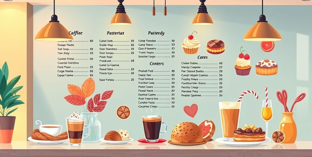 An innovative graphic design of a coffee shop menu, showcasing colorful illustrations of beverages and pastries, with a modern and clean layout. The atmosphere feels fresh and inviting, appealing to young audiences.
