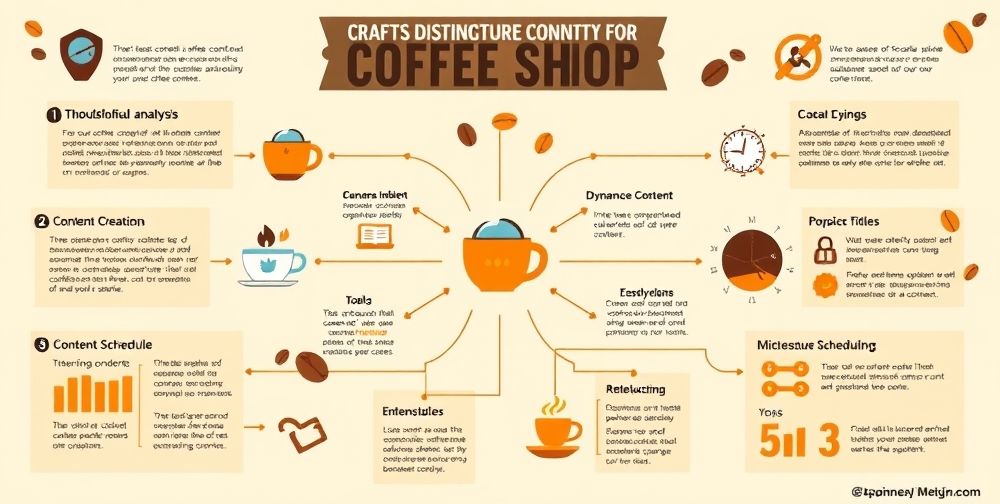 A detailed infographic showing the strategy of creating unique content for a coffee shop, with elements like audience analysis, content creation, and scheduling.