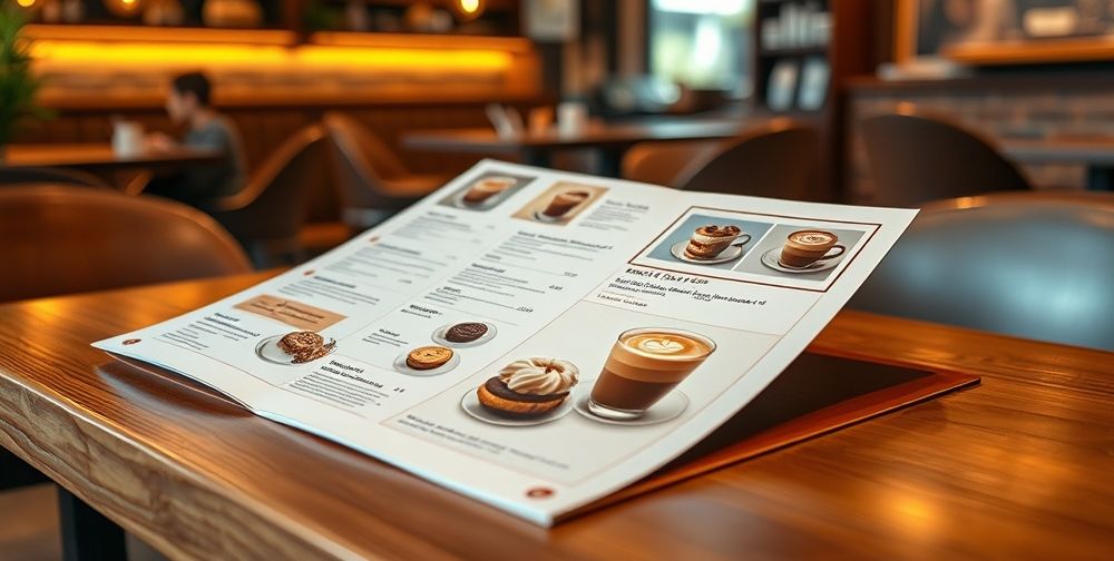 A beautifully designed coffee shop menu with high-quality photos of various coffee drinks and pastries, laid out on a stylish table in a contemporary café with warm ambiance.