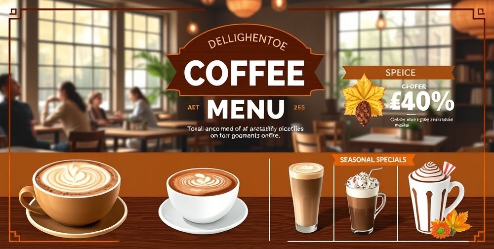 An inviting infographic showcasing a coffee menu with seasonal promotions, beautiful images of the drinks, and a cozy café ambiance in the background.