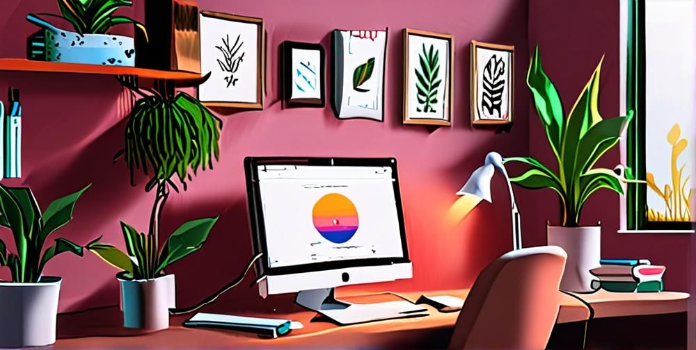 An informative image showing a user updating Photoshop software, with prompts and notifications displaying on the screen, and a calm workspace environment with bright colors.