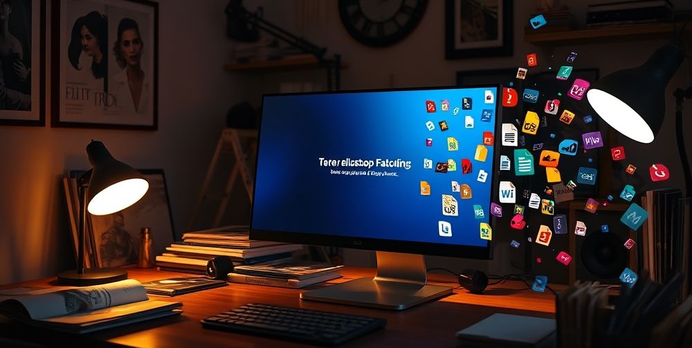 An image showing an error message while trying to save a file in Photoshop, with a computer screen displaying various file types and formats.