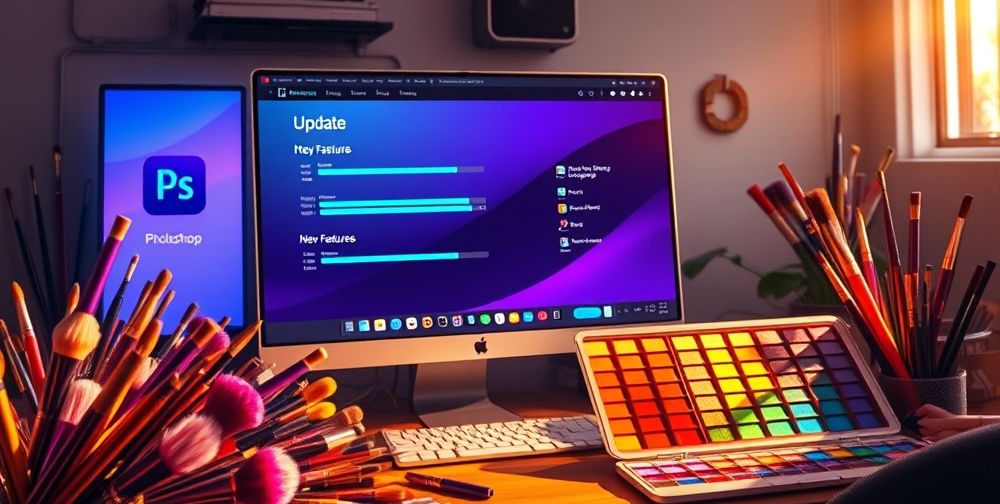 A screen showing the update interface of Adobe Photoshop with progress bars and new features highlighted, surrounded by design elements like brushes and color palettes.