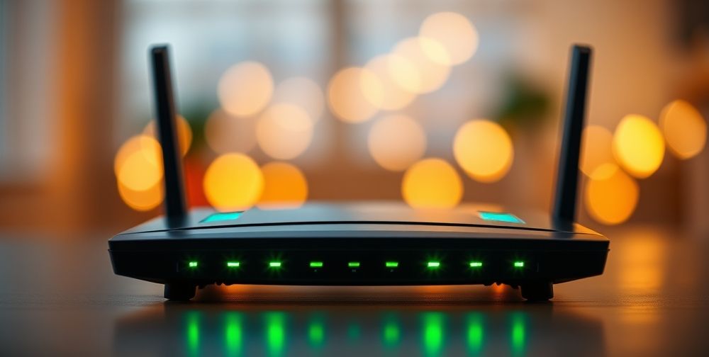 A close-up view of a router with multiple lights on, indicating a stable internet connection. The blur effect on the background highlights the importance of network settings.