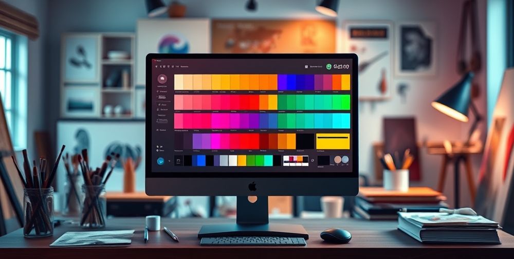 A vibrant graphic showcasing various color palettes and profiles on a computer screen, highlighting the importance of accurate color management in Photoshop, with a soft focus background of a creative workspace filled with design tools.