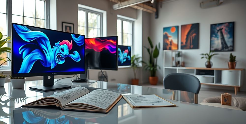 An organized workspace showing a computer running Photoshop with multiple screens displaying artwork being created, alongside an open troubleshooting guide for Photoshop error messages, set in a well-lit modern office environment.