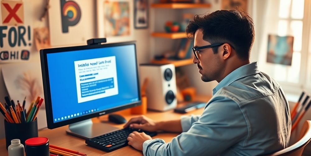 A detailed image showing a user troubleshooting installation issues for Photoshop on their computer, with a focus on a friendly user interface and helpful error messages displayed on the screen.